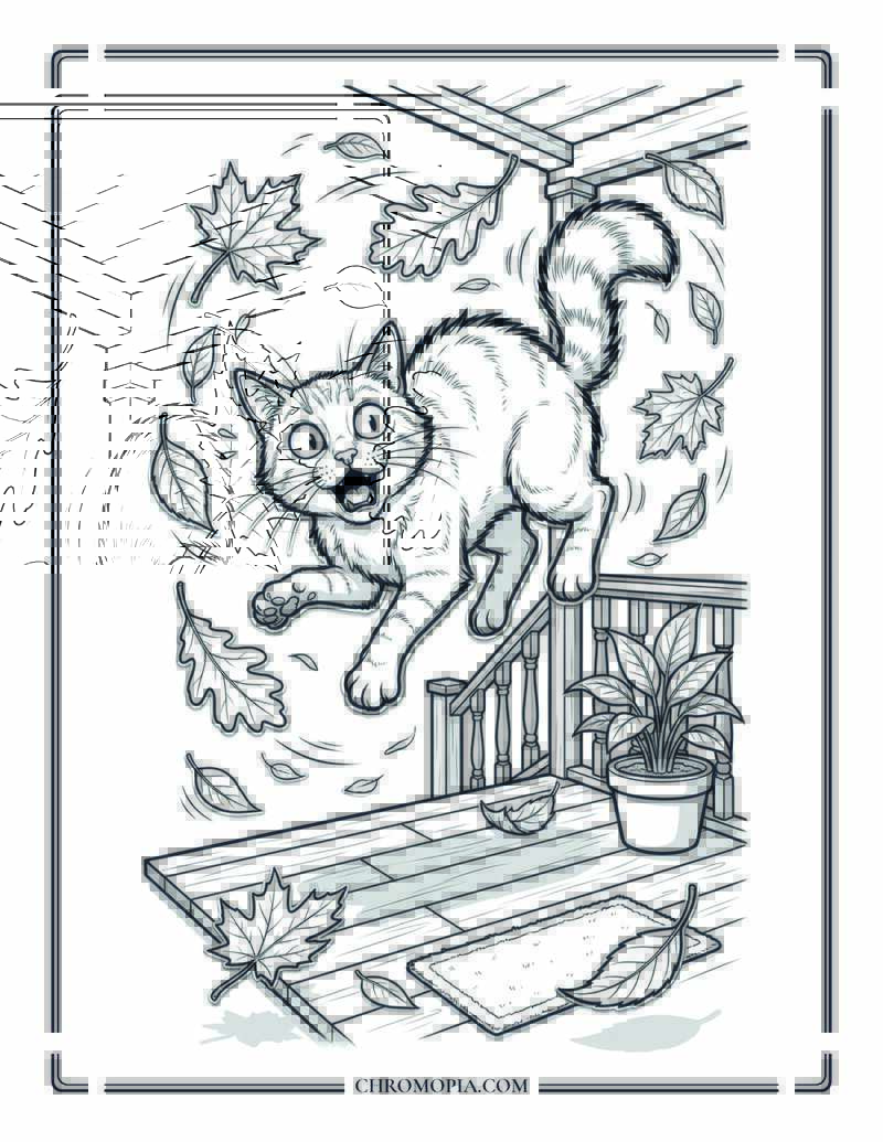 Cat Surprised By Falling Leaves Coloring Page