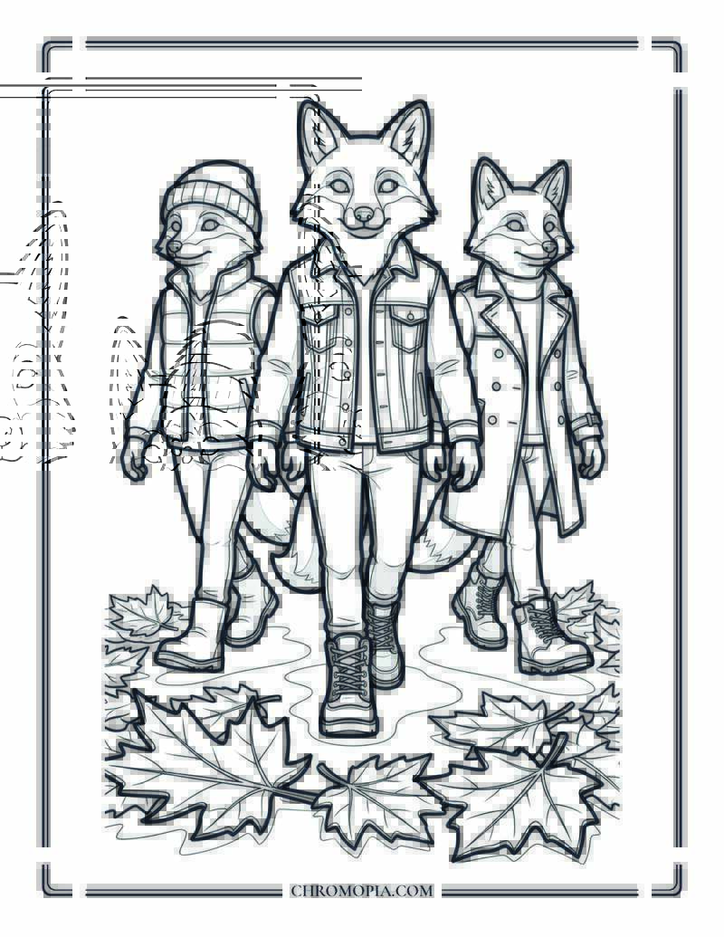 Cool Foxes In Autumn Outfits Coloring Page