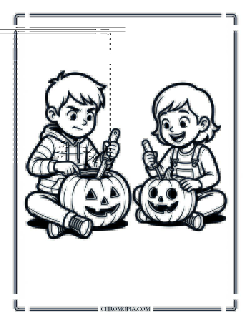 Kids Carving Pumpkins Together Coloring Page