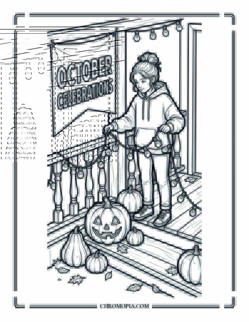 Teen Decorating Porch For Halloween Coloring Page