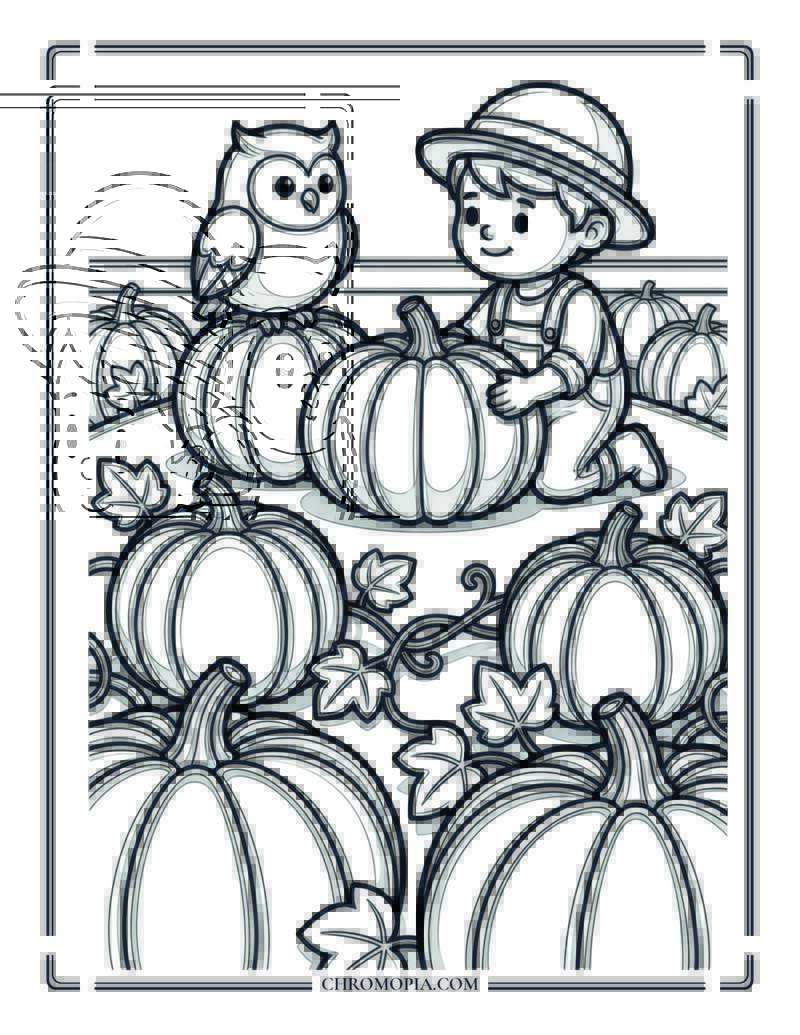 Cute Owl And Child Pumpkin Patch Coloring Page