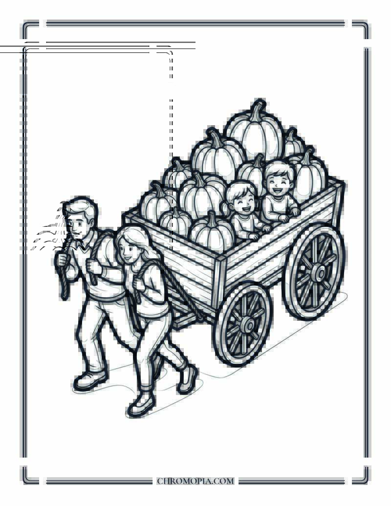 Family Pumpkin Farm Wagon Ride Coloring Page