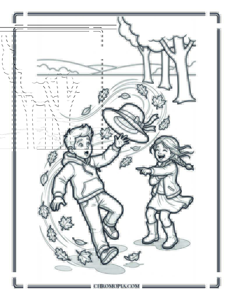 Funny Kid In Windy October Day Coloring Page