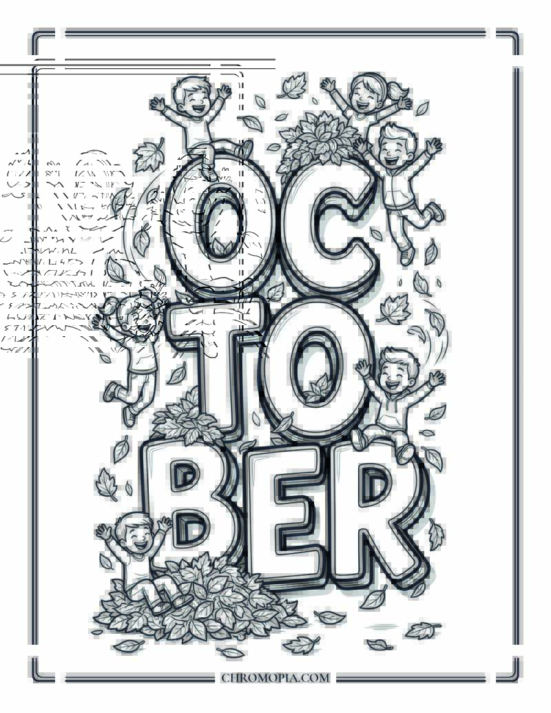 Large OCTOBER Text Autumn Fun Coloring Page