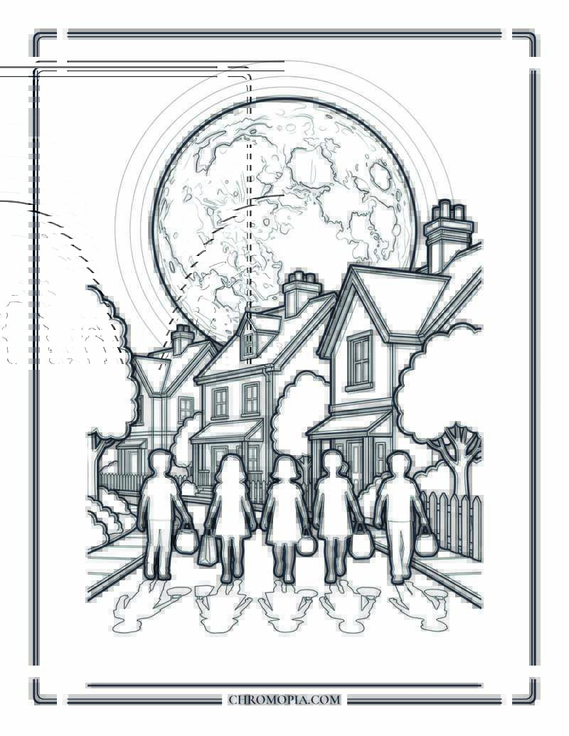 Massive Moon Rising Behind Rooftops Coloring Page