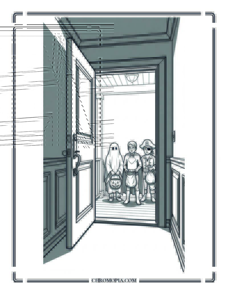 Trick Or Treat Door Opening Scene Coloring Page