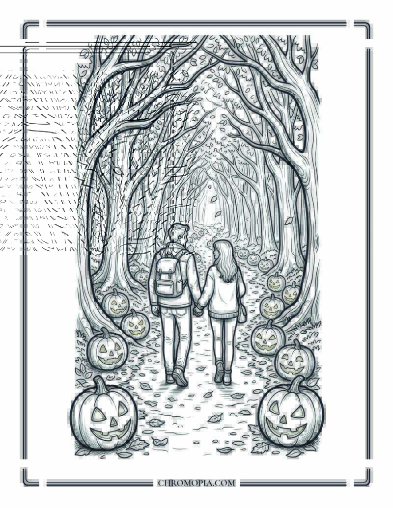 Forest Path With Glowing Pumpkins Night Walk Coloring Page