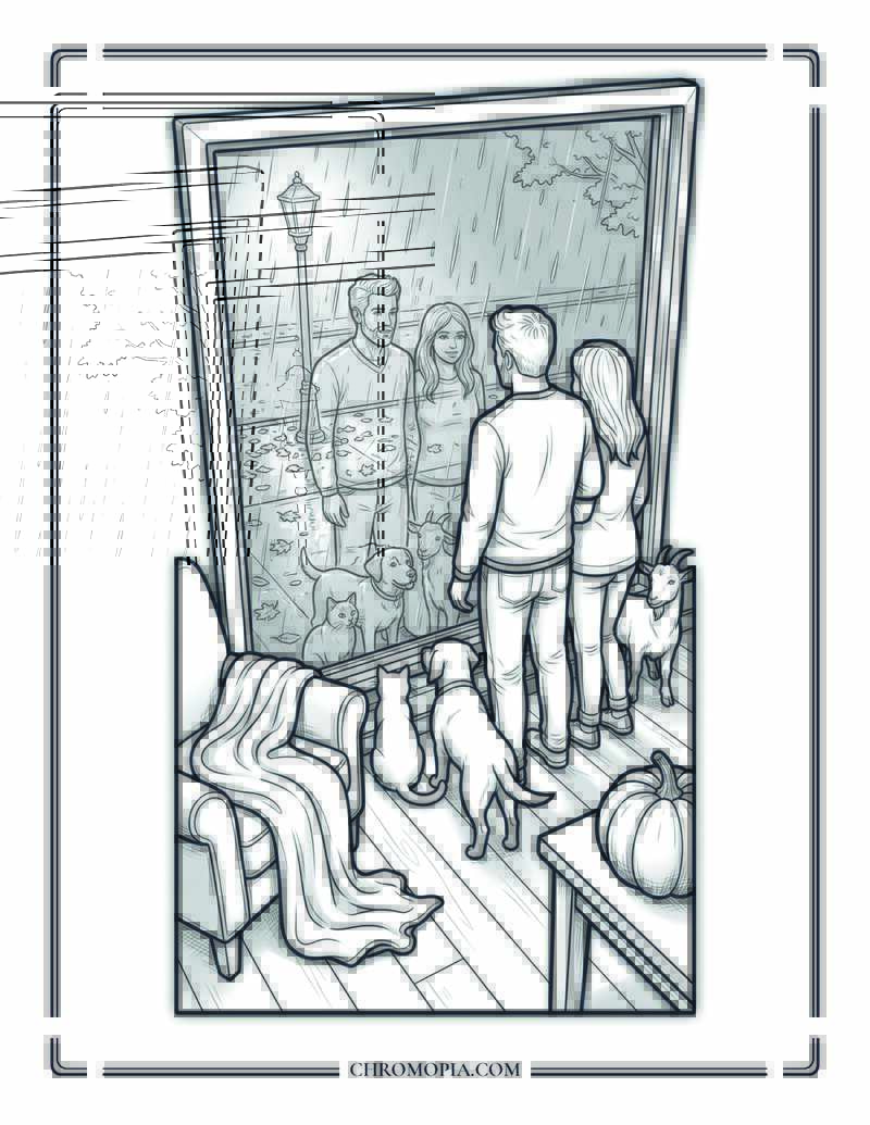 October Rain Window Reflection Scene Coloring Page