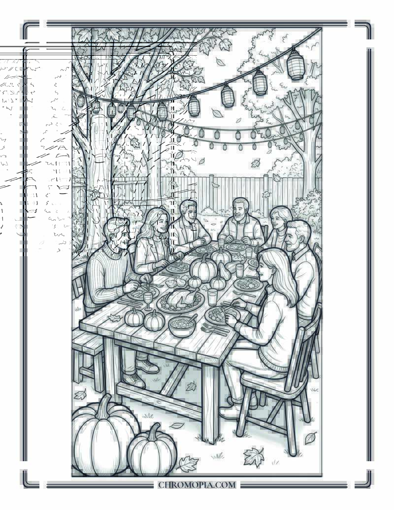 Twilight Harvest Gathering Under Lanterns Coloring Page