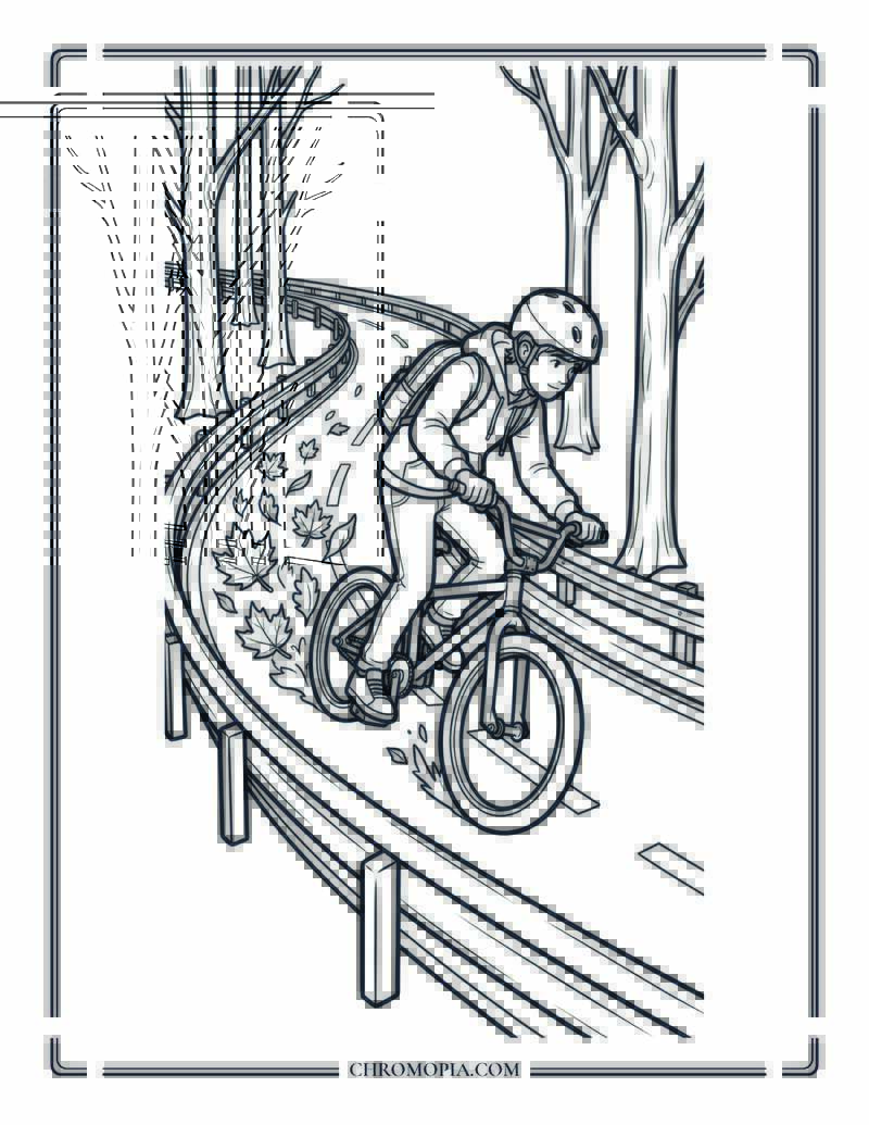 Autumn Bike Ride Through Falling Leaves Coloring Page