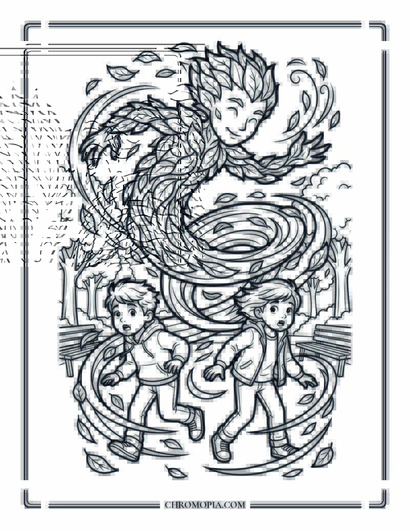 Giant Wind Gust Leaf Swirl Fantasy Coloring Page
