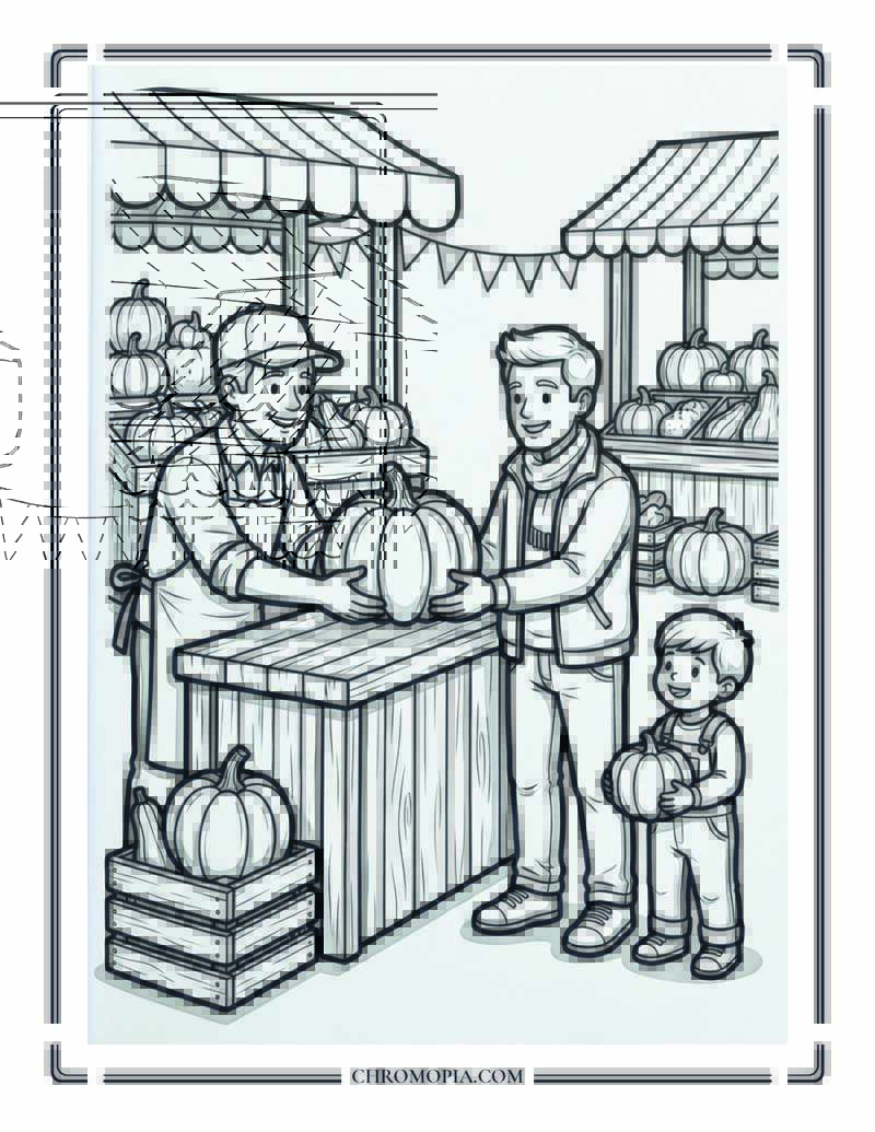 Pumpkin Market Bargain Scene Coloring Page