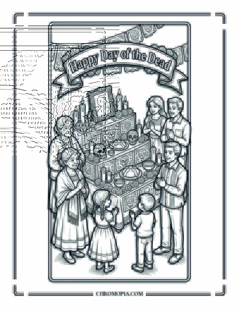 Happy Day Of The Dead Altar Gathering Coloring Page