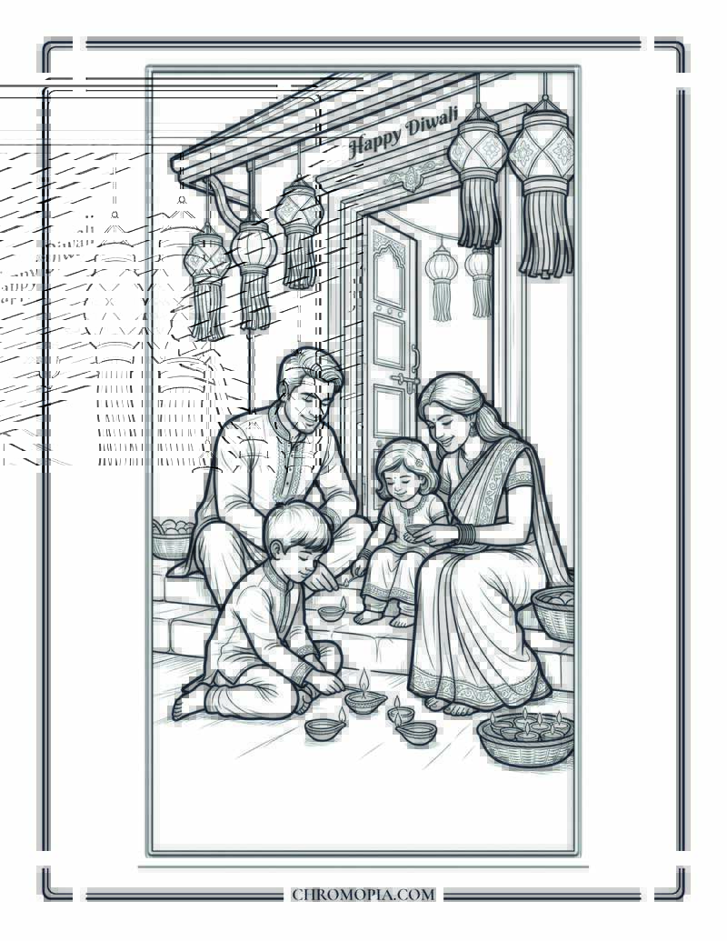 Happy Diwali Family Lighting Diyas Coloring Page