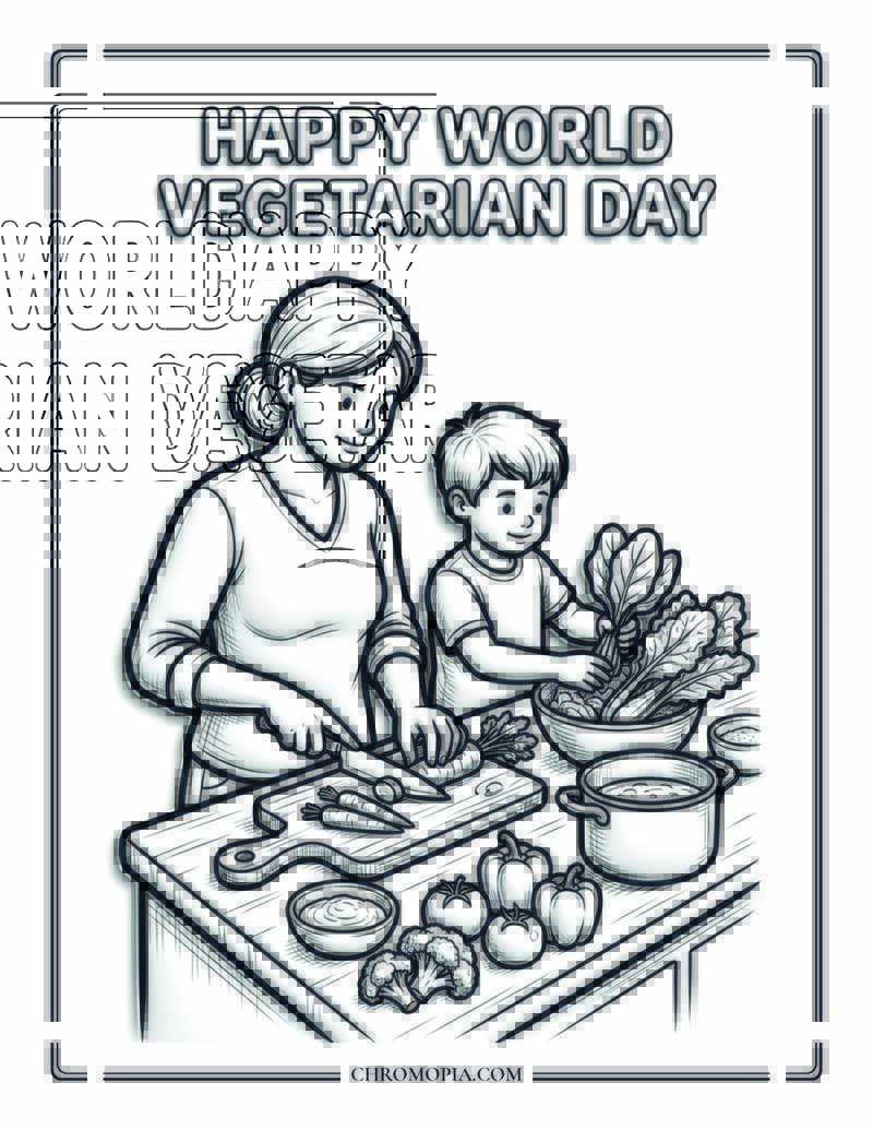 Happy World Vegetarian Day Family Cooking Coloring Page