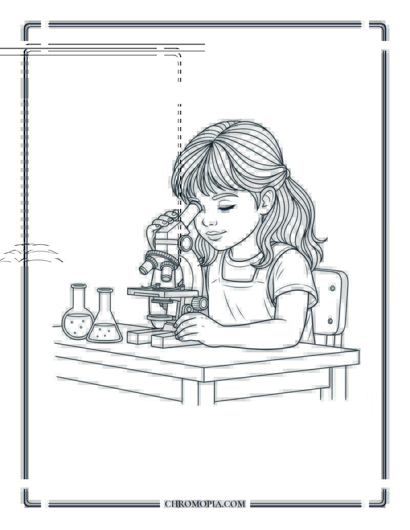 Girl Using Microscope In Science Class Coloring Page