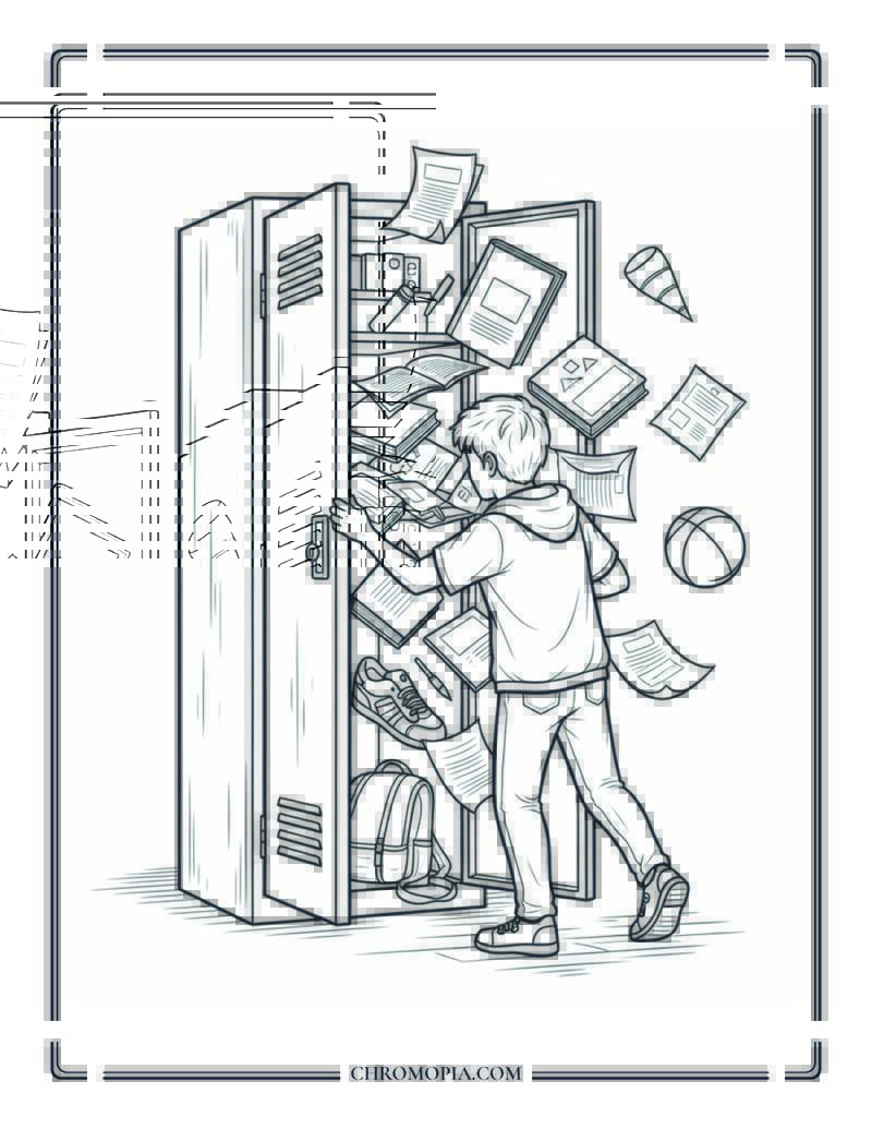 Messy School Locker Explosion Coloring Page