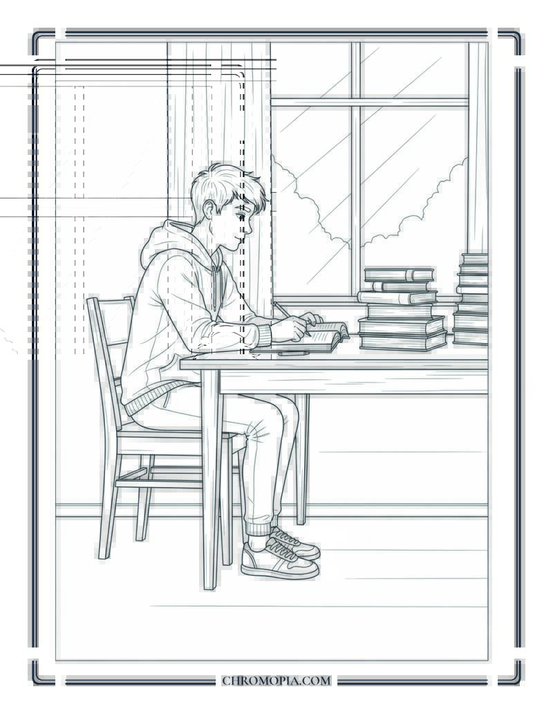 Teen Studying By Library Window Coloring Page