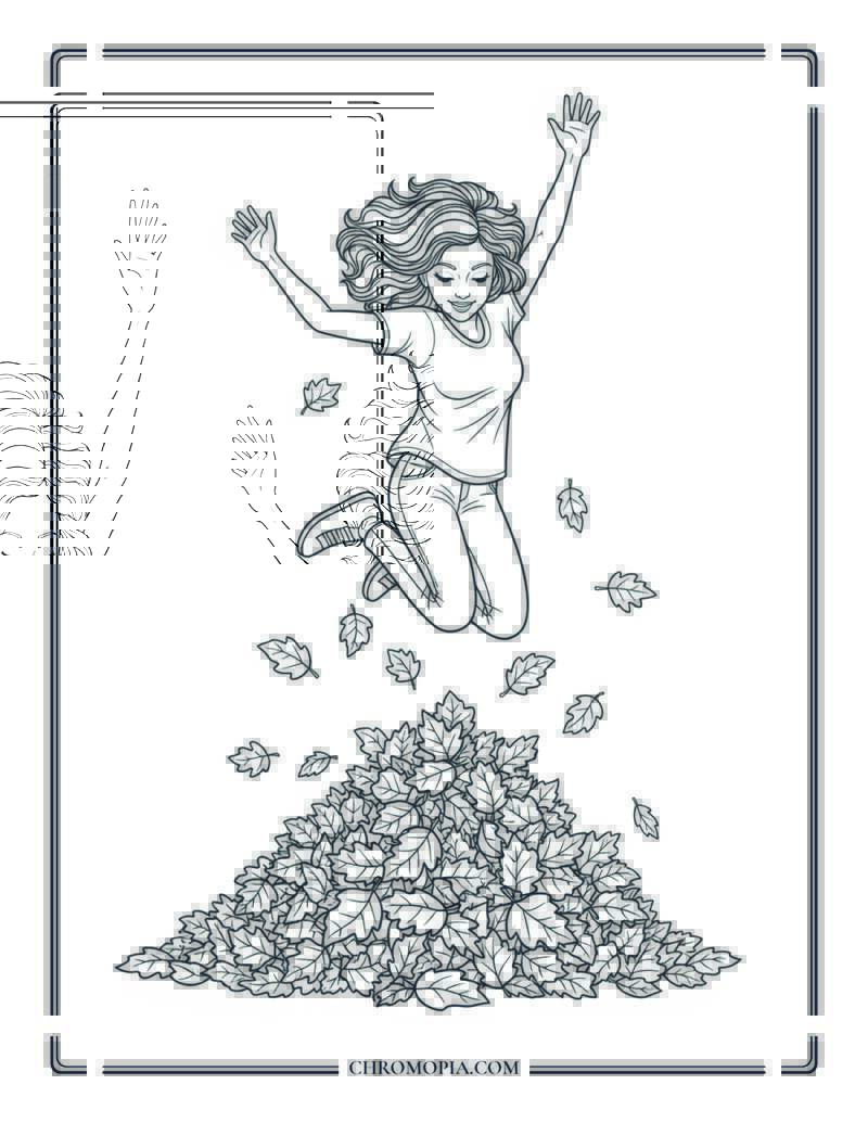 Girl Jumping Into Leaf Pile Coloring Page