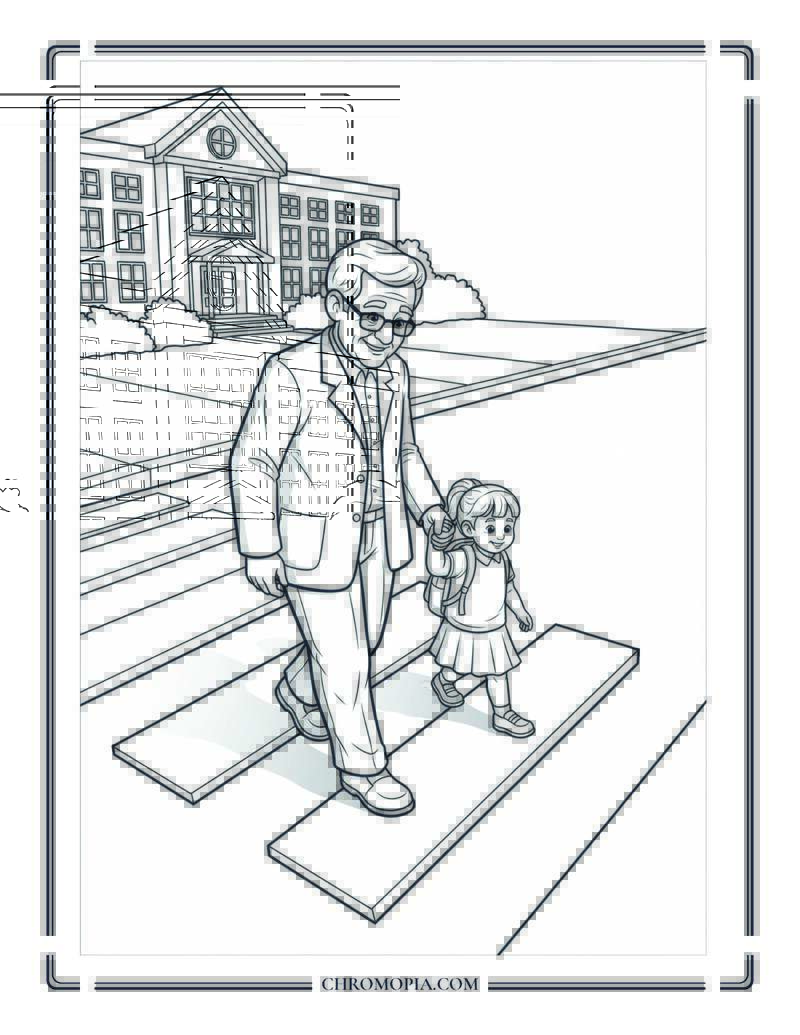 Grandparent And Child Crossing Crosswalk Coloring Page