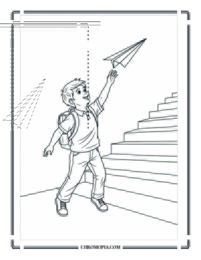 Paper Airplane Launch From School Steps Coloring Page