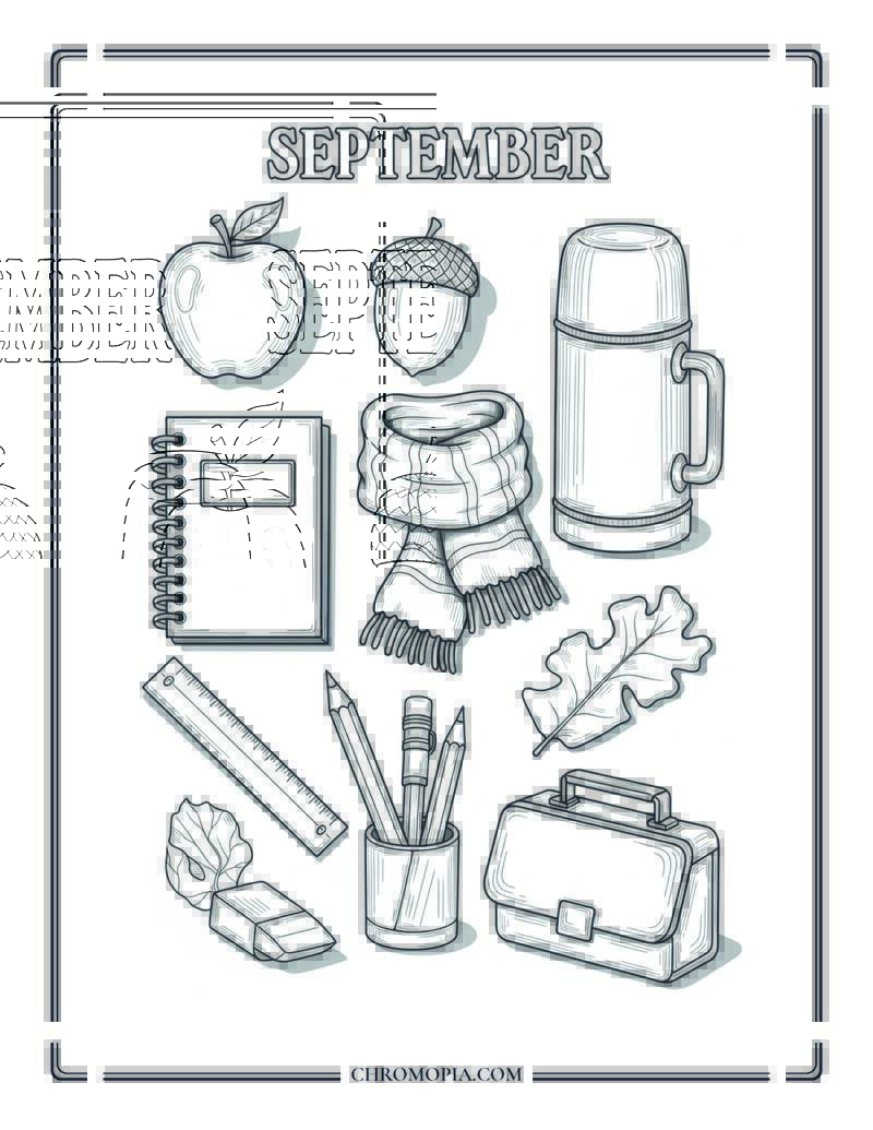 September School Supplies Collection Coloring Page