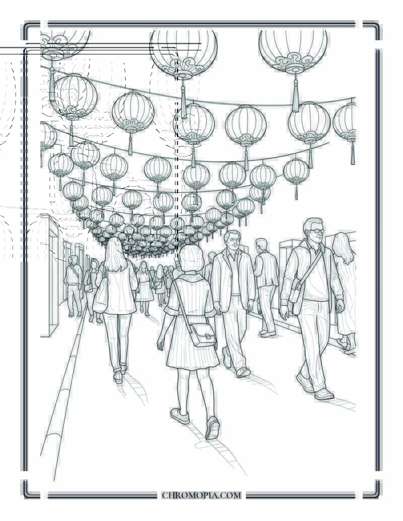 Mid Autumn Lantern Night Crowd Coloring Page