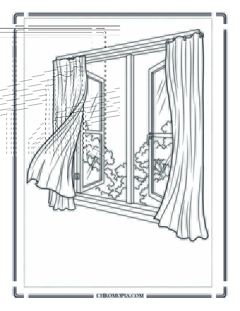 Open Classroom Window With Curtains Flowing Coloring Page