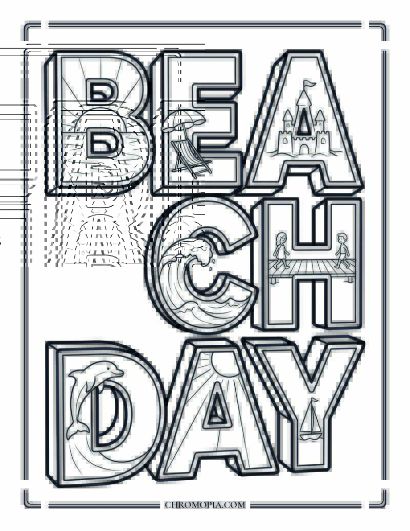 Beach Day Letters Filled With Tiny Beach Scenes Coloring Page
