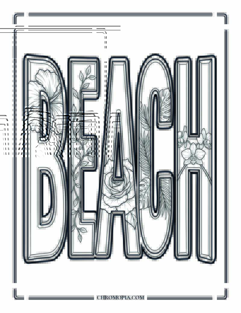 Floral BEACH Word Art Coloring Page