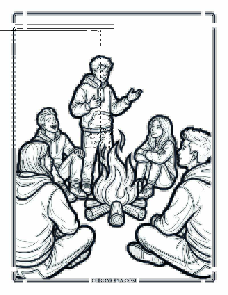 Teen Friends Gathered Around A Beach Bonfire Coloring Page