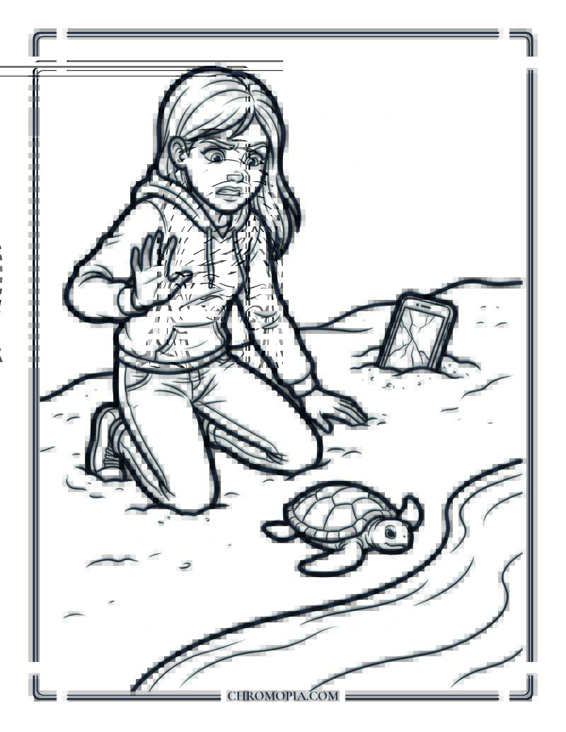 Teen Watching A Baby Turtle Reach The Beach Water Coloring Page