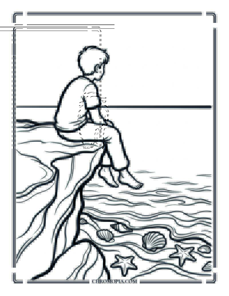 Teenage Boy Sitting On Beach Rocks Watching The Ocean Coloring Page