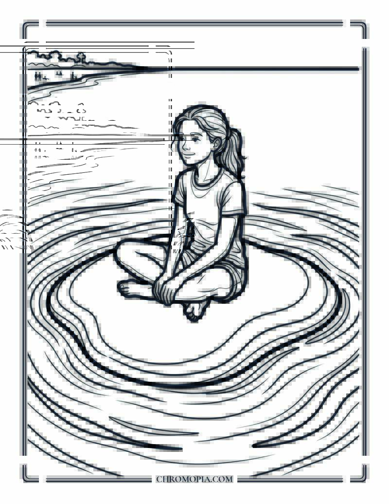 Teenage Girl Sitting Alone On A Beach Sandbar Coloring Page