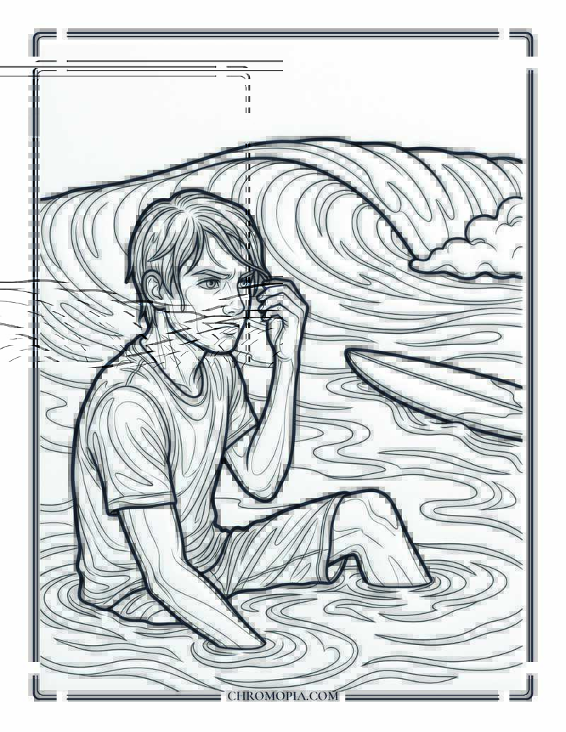 Teenager Wiping Out On A Surfboard At The Beach Coloring Page
