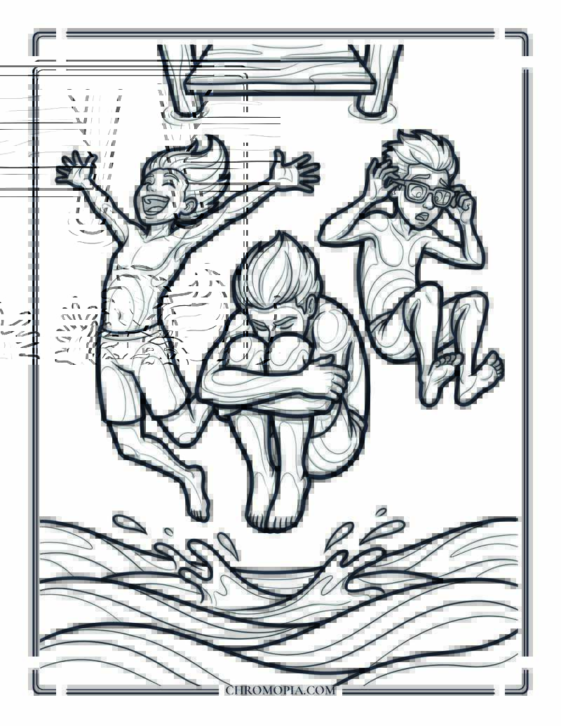 Teens Jumping Off A Beach Dock Into The Water Coloring Page