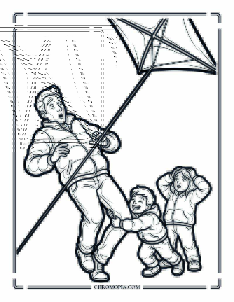Dad Getting Pulled Off His Feet By A Beach Kite Coloring Page