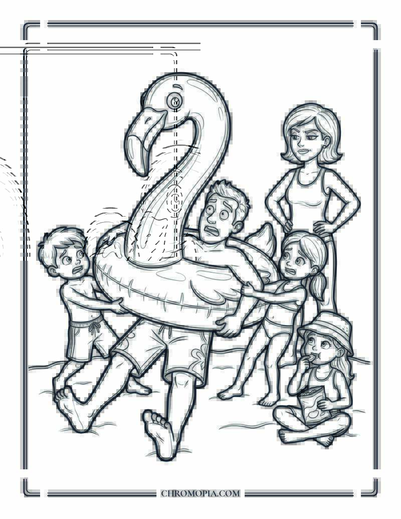 Dad Stuck In A Flamingo Floatie On The Beach Coloring Page