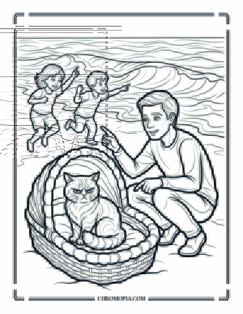 Family Cat Seeing The Beach For The First Time Coloring Page