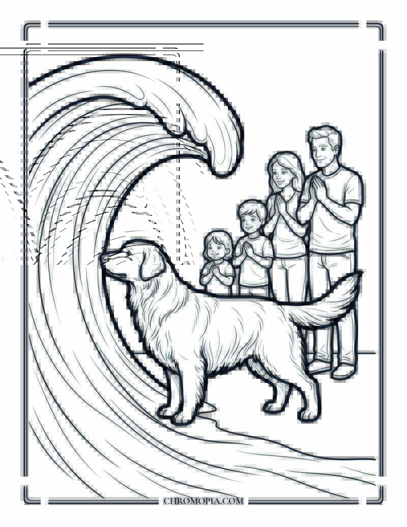 Family Dog Facing A Big Wave At The Beach Coloring Page