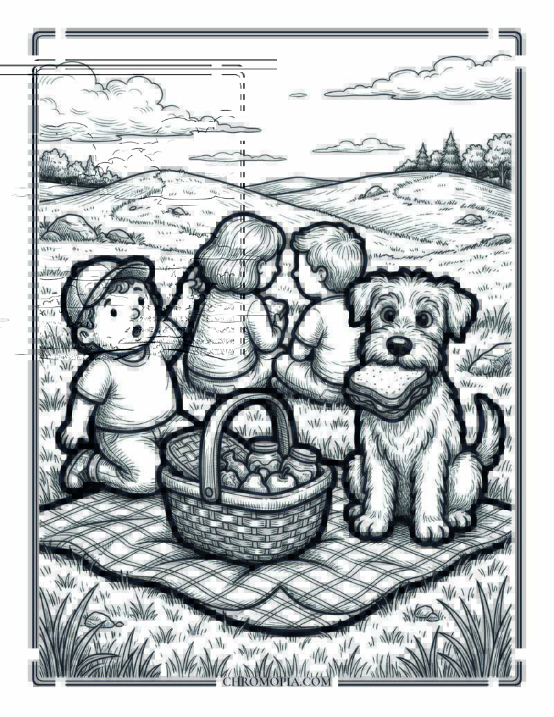 Family Dog Stealing A Sandwich From The Beach Picnic Coloring Page