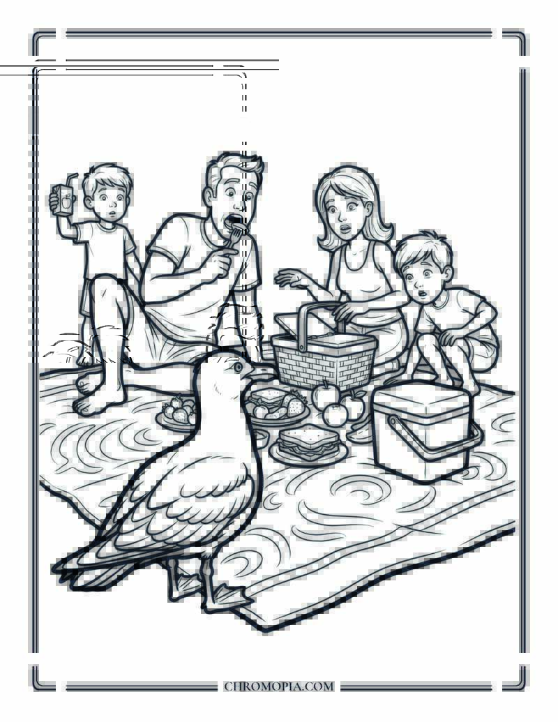 Family Frozen As A Seagull Lands On Their Beach Towel Coloring Page