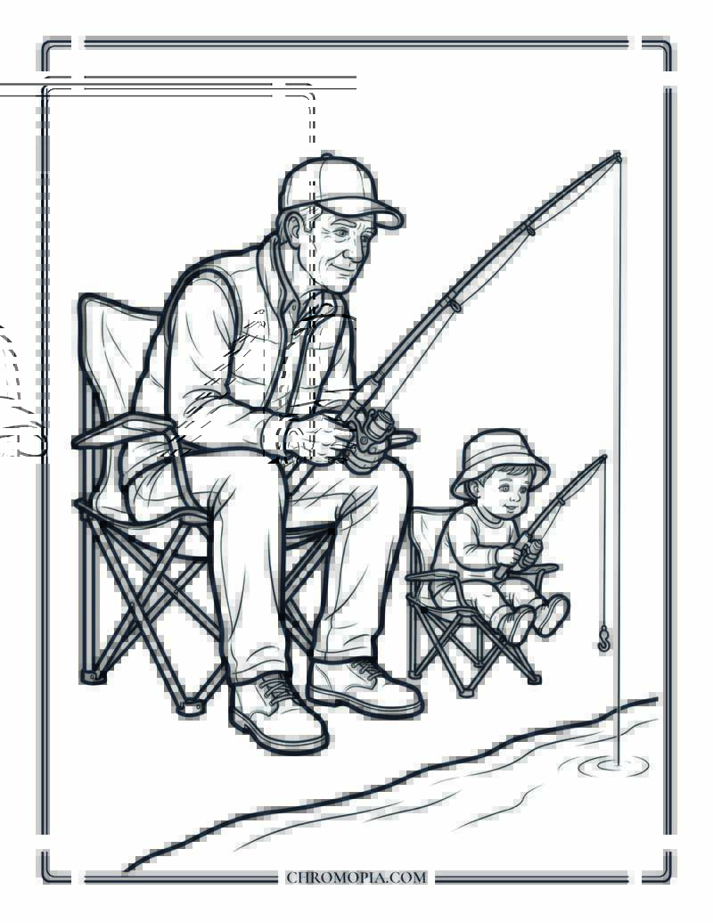 Grandfather And Toddler Fishing Side By Side At The Beach Coloring Page