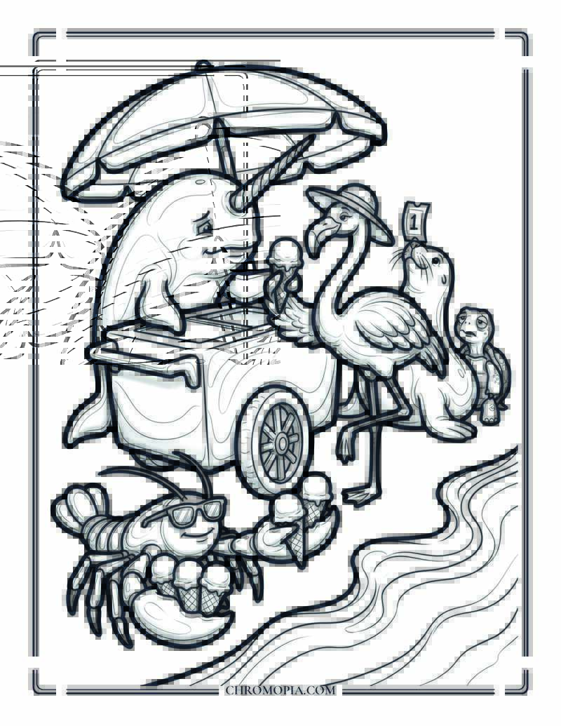 Animals In Line At A Beach Ice Cream Cart Coloring Page