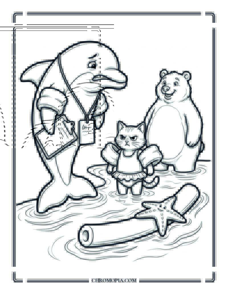 Dolphin Teaching A Swimming Lesson To Animals At The Beach Coloring Page