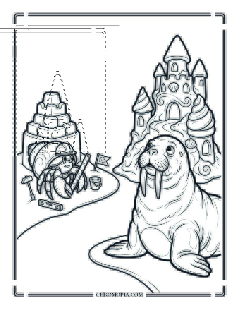 Hermit Crab Vs Walrus Beach Sandcastle Competition Coloring Page