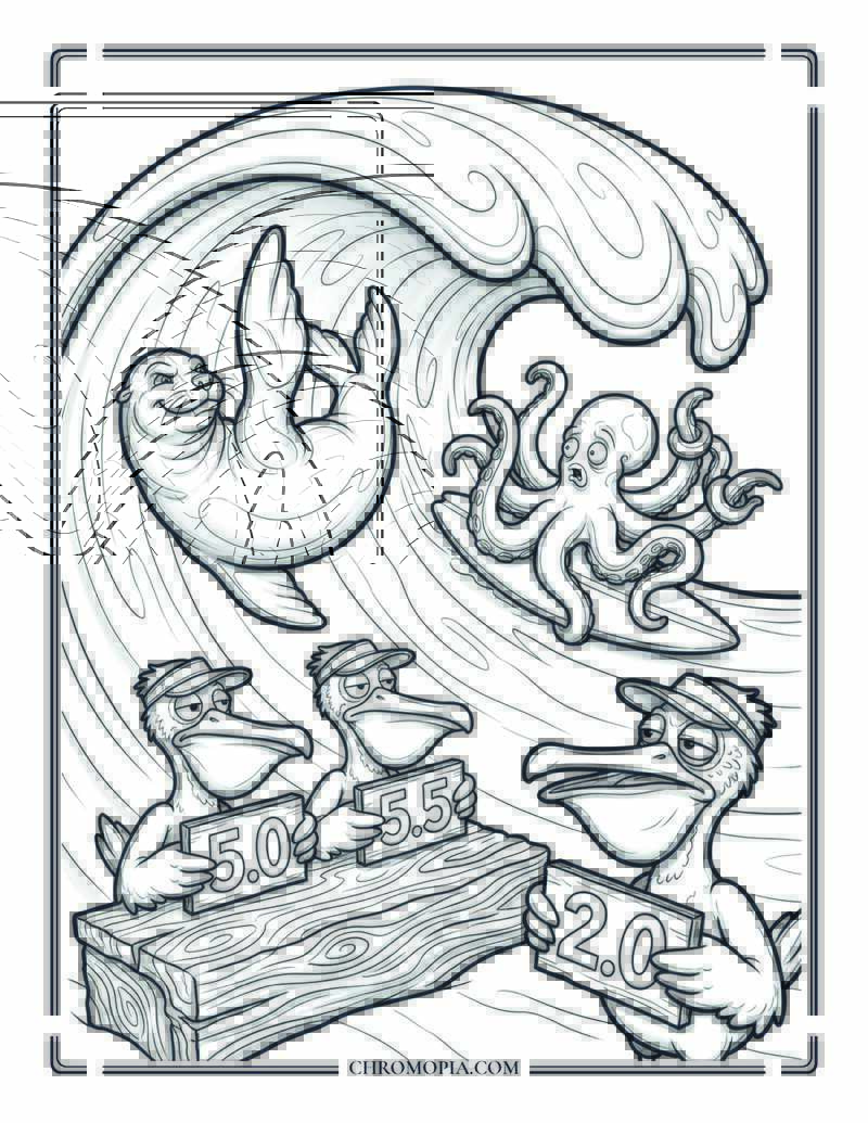 Sea Lion And Octopus Beach Surf Battle With Pelican Judges Coloring Page