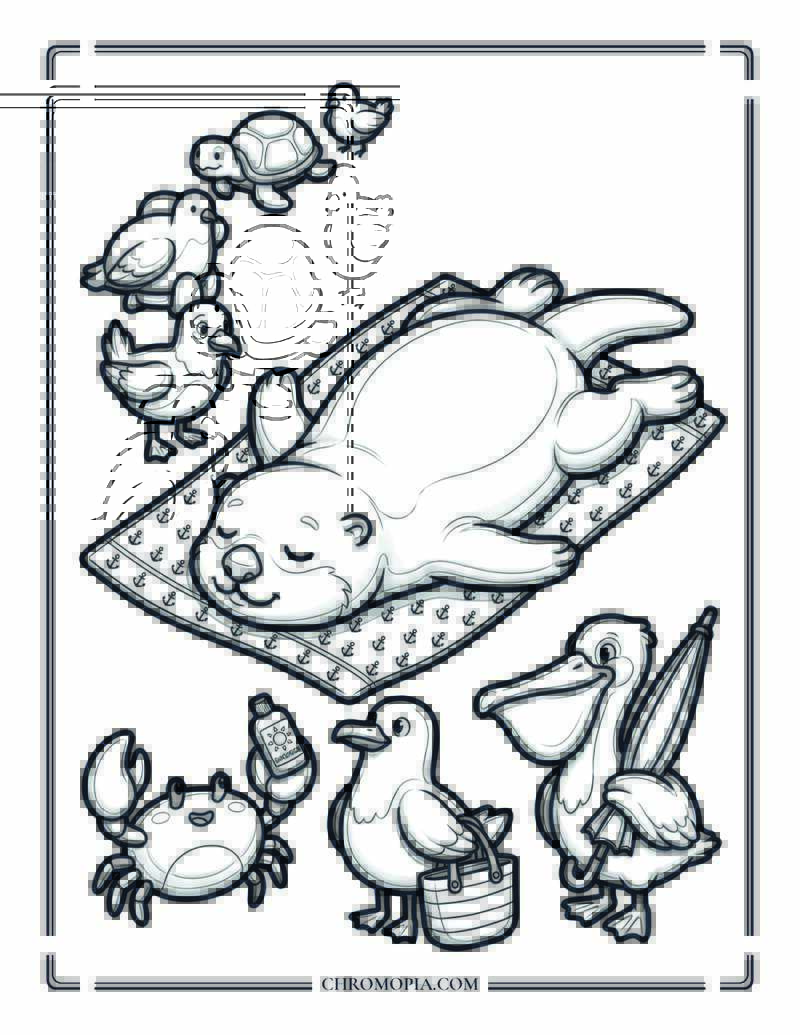 Sea Otter Asleep On A Beach Towel While Animals Wait Coloring Page