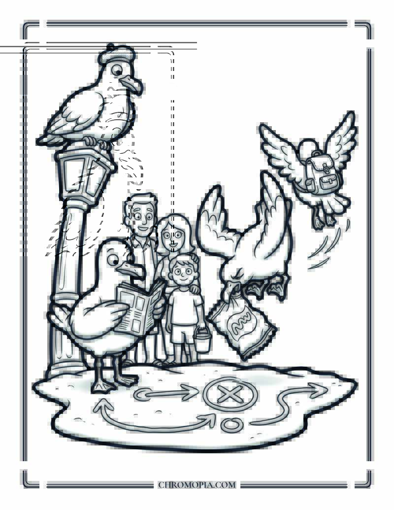 Seagulls Planning A Beach Food Heist Coloring Page