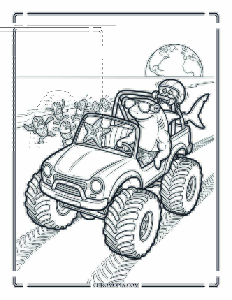 Shark In Beach Shorts Driving A Monster Beach Buggy Coloring Page
